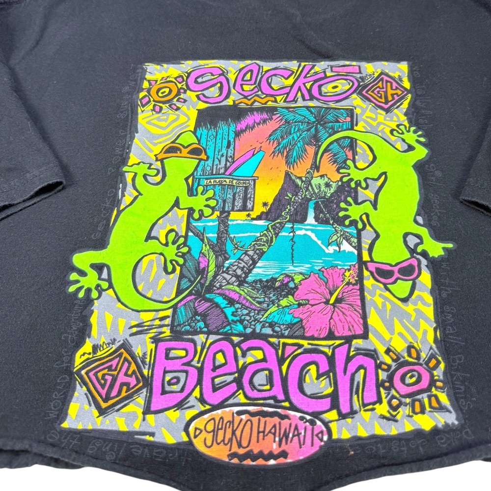 Gecko Hawaii Y2K Gecko Beach Graphic Tee XL Cropped Black Surf Skate Neon Shirt